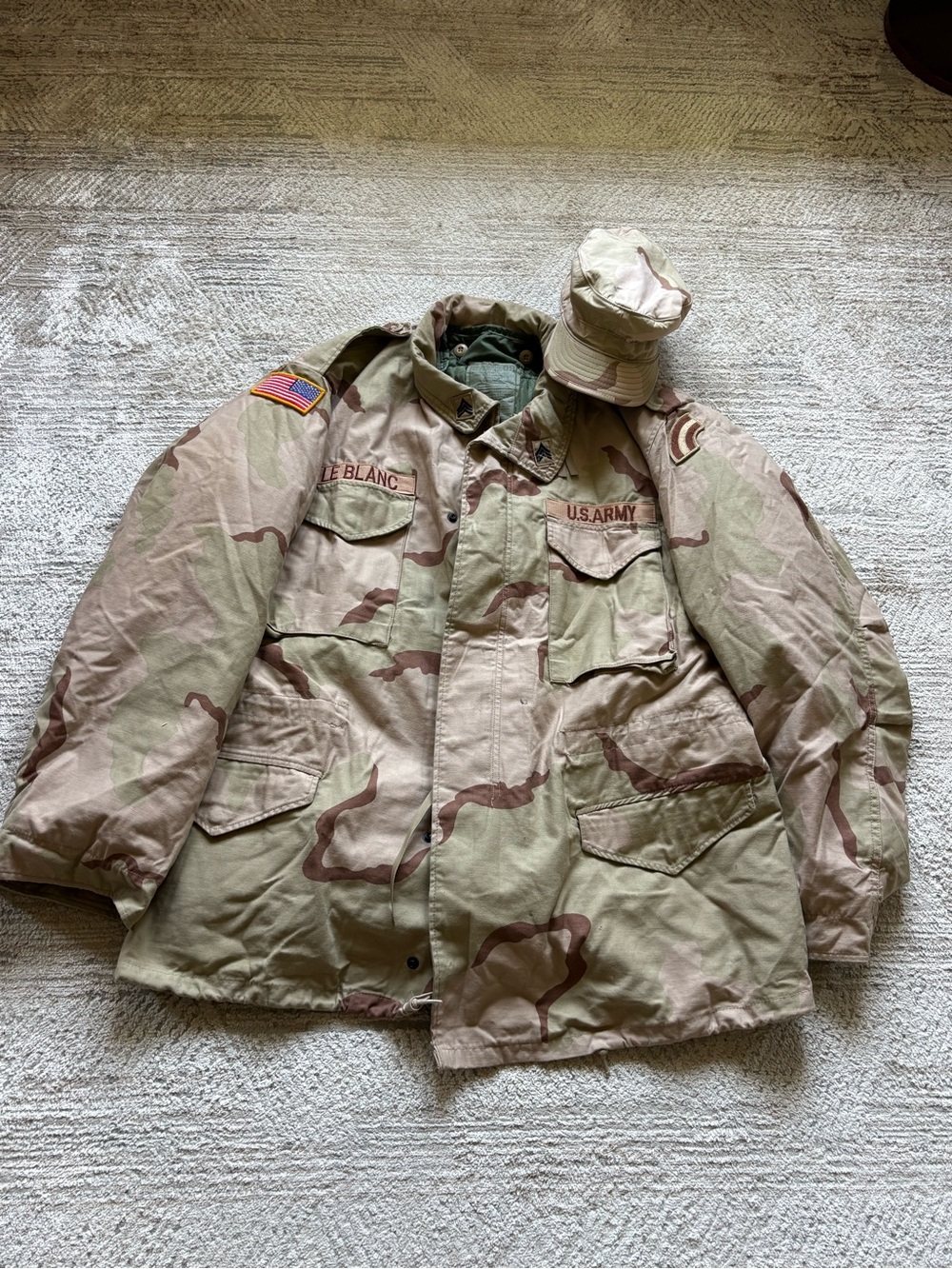 US Army DCU Desert Cold Weather Field Coat XL Long Liner Named E5 Sgt EUC w/hat